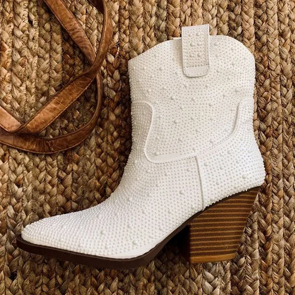NEW🔥Ivory Faux Pearl Embellished Cowboy Cowgirl Western Heel Ankle Booties Boot - Picture 9 of 12